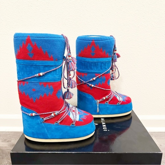 NEW ALANUI X MOON BOOT Icon Knit Jacquard Red Azure Wool Boots Size 8-9.5 - Picture 13 of 16